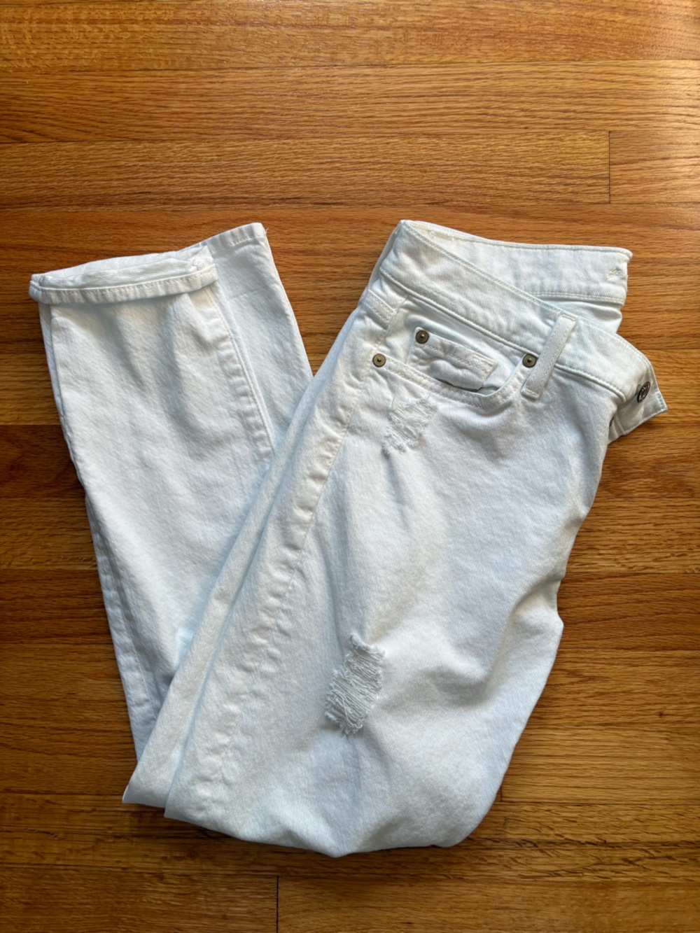 7 For All Mankind White Straight-Leg Distressed Jeans